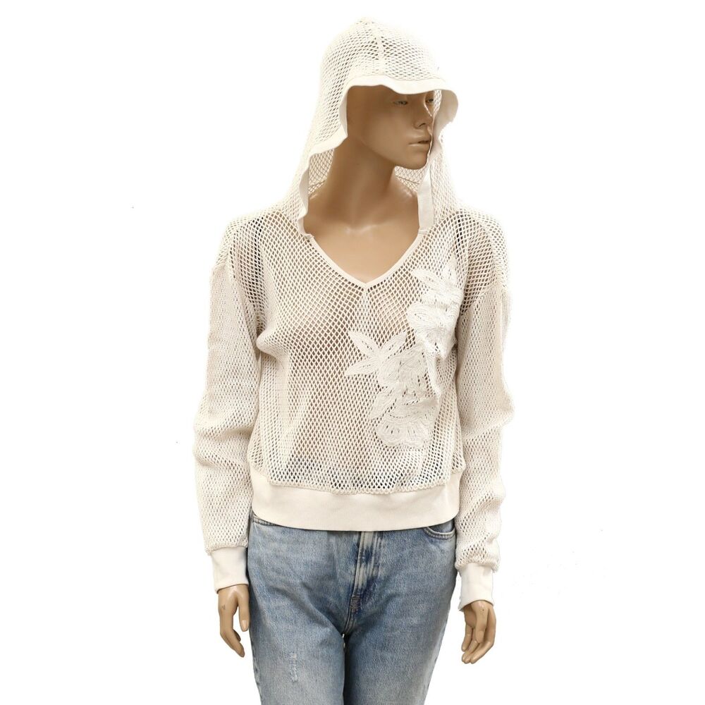 Daily Practice by Anthropologie Embroidered Mesh Hoodie Crochet Fishnet S 287144 - Picture 3 of 9